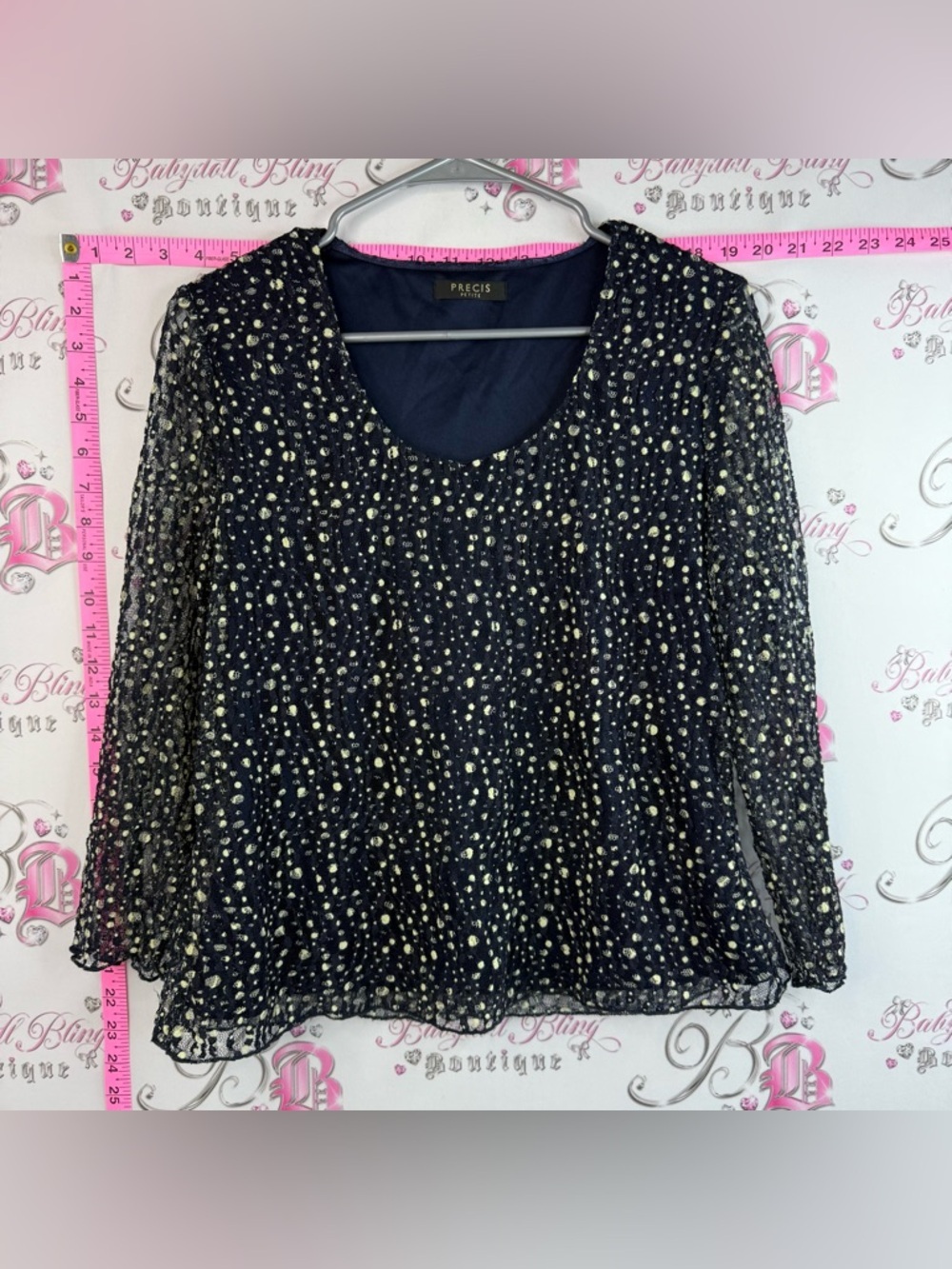 Précis Petite - Navy Blue Sheer Long-Sleeve White/Cream Dot-Accent Blouse